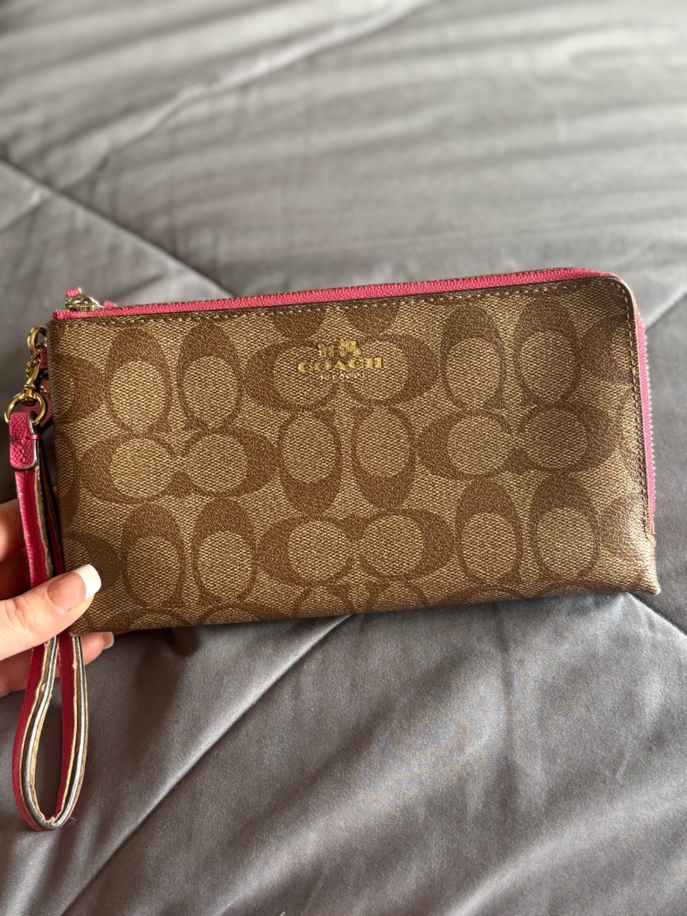 Coach Brown Signature Wristlet with Pink Trim